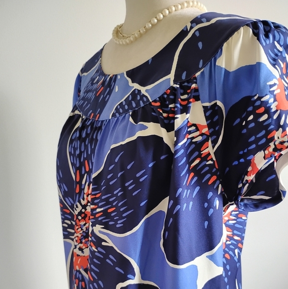 Victor Alfaro 100% Silk Navy Blue Floral Shift Dress Colorful Day Evening Sz 10 - Picture 8 of 16